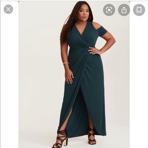 Green cold shoulder evening gown